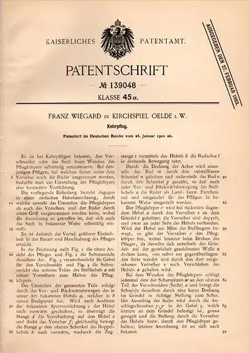 Original Patentschrift - Franz Wiegard in Oelde i.W., 1902 , Kehrpflug , Landwirtschaft , Agrar , Pflug , Kirchspiel !!!