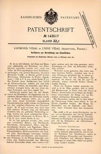 Original Patentschrift - R. Vidal à Usine Vidal , 1902 , production de la couleur , du fer , chimie !!!