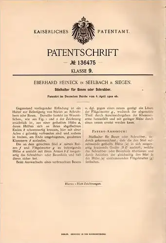 Original Patentschrift - E. Reineck in Seelbach b. Siegen , 1902 , Stielhalter für Besen und Schrubber , Reinigung !!!