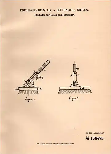 Original Patentschrift - E. Reineck in Seelbach b. Siegen , 1902 , Stielhalter für Besen und Schrubber , Reinigung !!!