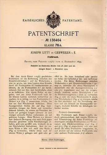 Original Patentschrift - Jos. Litty in Gebweiler / Guebwiller i.Els., 1901 , Frottierwerk !!!