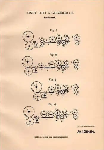 Original Patentschrift - Jos. Litty in Gebweiler / Guebwiller i.Els., 1901 , Frottierwerk !!!