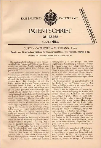 Original Patentschrift - G. Overhoff in Mettmann i. Rhld., 1902 , Türen- und Fensterverschluß , Fensterbau !!!