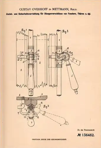 Original Patentschrift - G. Overhoff in Mettmann i. Rhld., 1902 , Türen- und Fensterverschluß , Fensterbau !!!