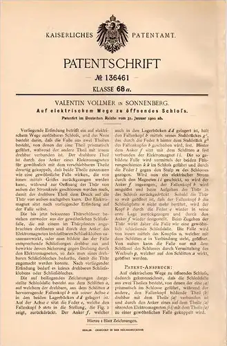 Original Patentschrift - V. Vollmer in Sonnenberg , 1902 , elektrisches Schloß , Schlüsseldienst , Türschloß !!!