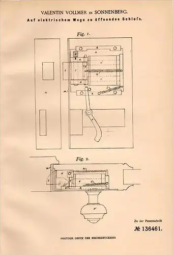 Original Patentschrift - V. Vollmer in Sonnenberg , 1902 , elektrisches Schloß , Schlüsseldienst , Türschloß !!!