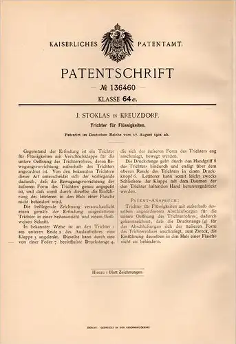 Original Patentschrift - J. Stoklas in Kreuzdorf , 1901 , Trichter für Flüssigkeiten !!!