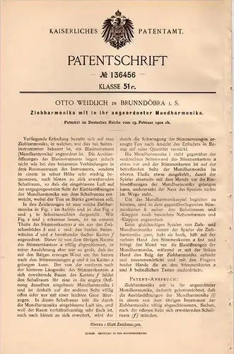 Original Patentschrift - O. Weidlich in Brunndöbra i.S., 1902 , Ziehharmonika mit Mundharmonika , Harmonika !!!