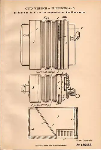 Original Patentschrift - O. Weidlich in Brunndöbra i.S., 1902 , Ziehharmonika mit Mundharmonika , Harmonika !!!