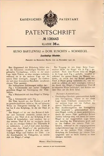 Original Patentschrift - K. Bartlewski in Schmiegel / &#346;migiel , 1901 , zweiteilige Ofentür , Ofen , Kuschen !!!