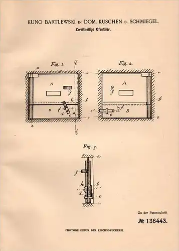 Original Patentschrift - K. Bartlewski in Schmiegel / &#346;migiel , 1901 , zweiteilige Ofentür , Ofen , Kuschen !!!