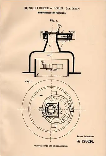Original Patentschrift - H. Ruder in Borna , 1900 , Heizlochdeckel mit Glasplatte , Heizung , Ofen !!!