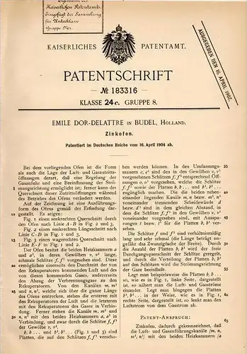 Original Patentschrift - E. Dor - Delattre in Budel , 1904 , Zinkofen , Ofen , Zink , Cranendonck !!!