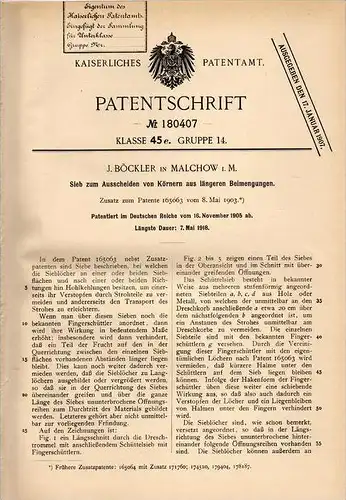 Original Patentschrift - J. Böckler in Malchow i. Meckl., 1905 , Sieb für Körner , Landwirtschaft , Agrar , Ernte !!!