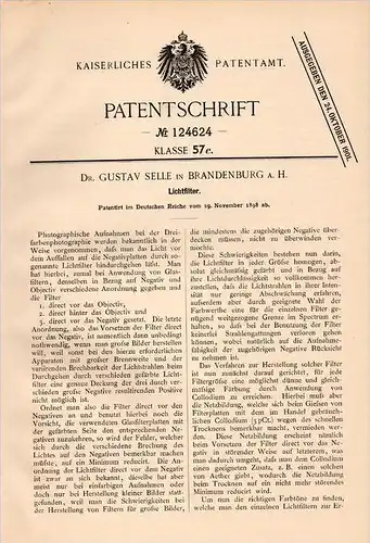 Original Patentschrift -Dr. G. Selle in Brandenburg a.H., 1898, Lichtfilter , Fotograf , Photographie , Objectiv , Foto