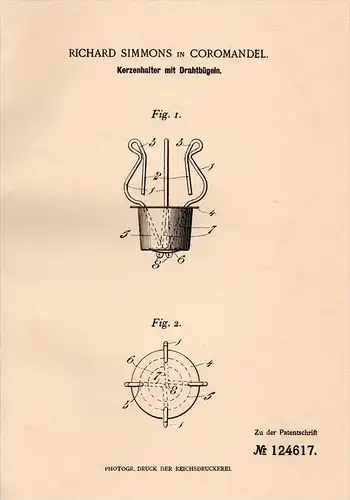 Original Patentschrift - R. Simmons in Coromandel , New Zealand , 1900 , Candlesticks made of wire, candle !!!