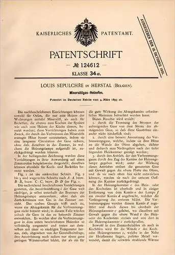 Original Patentschrift - L. Sepulchre in Herstal , 1899 , Mineraloel - Heizofen , Ofen , Kochen !!!