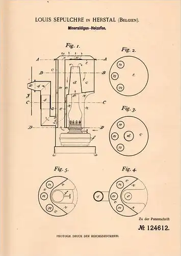 Original Patentschrift - L. Sepulchre in Herstal , 1899 , Mineraloel - Heizofen , Ofen , Kochen !!!