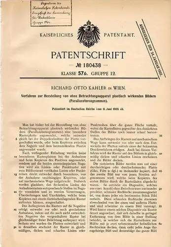 Original Patentschrift - R.O. Kahler in Wien , 1905 , plastische Bilder , Skulptur , Stereoskop !!!