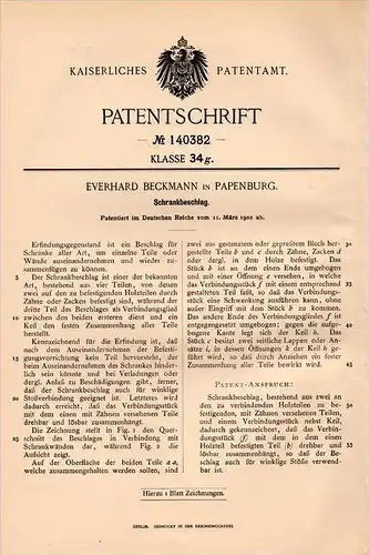 Original Patentschrift - E. Beckmann in Papenburg i. Emsland , 1902 , Schrank - Beschlag , Tischlerei , Möbel !!!