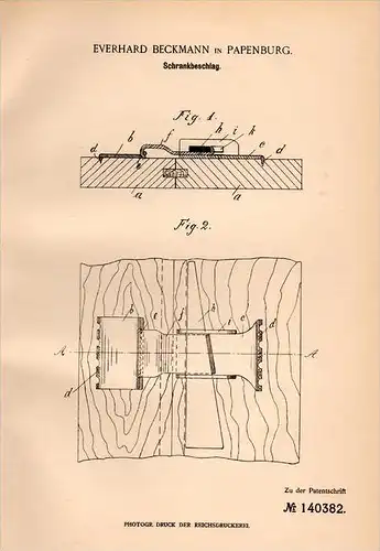 Original Patentschrift - E. Beckmann in Papenburg i. Emsland , 1902 , Schrank - Beschlag , Tischlerei , Möbel !!!