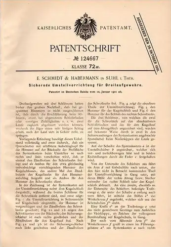 Original Patentschrift - S. Schmidt & Habermann in Suhl , 1901 , Sicherung für Dreilauf - Gewehr , Jagd , Jäger !!!