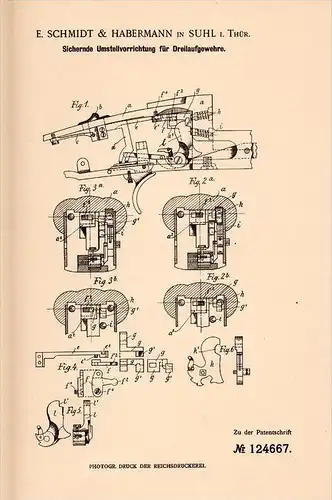 Original Patentschrift - S. Schmidt & Habermann in Suhl , 1901 , Sicherung für Dreilauf - Gewehr , Jagd , Jäger !!!