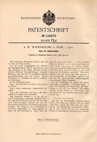 Original Patentschrift - A.W. Schwarzlose in Suhl i.Th., 1900 , Visier für Pistole , pistol , gun !!!