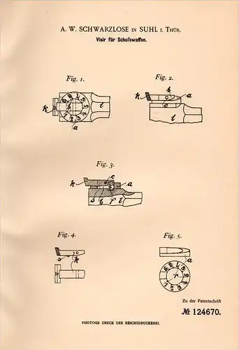 Original Patentschrift - A.W. Schwarzlose in Suhl i.Th., 1900 , Visier für Pistole , pistol , gun !!!