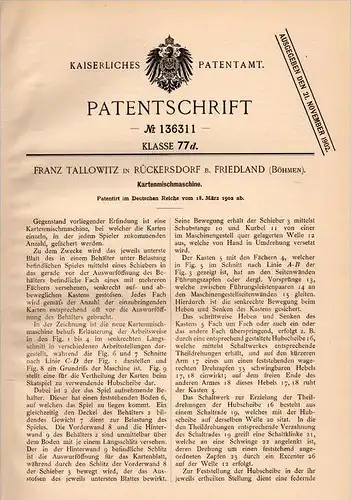 Original Patentschrift - F. Tallowitz in Rückersdorf b. Friedland , 1902 , Karten - Mischmaschine , Dolni Rasnice
