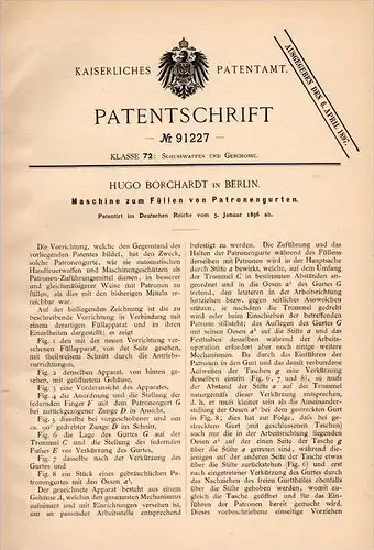 Original Patentschrift - Hugo Borchardt in Berlin , 1896 , Maschine zum Füllen von Patronengurten , Patrone , Pistole !