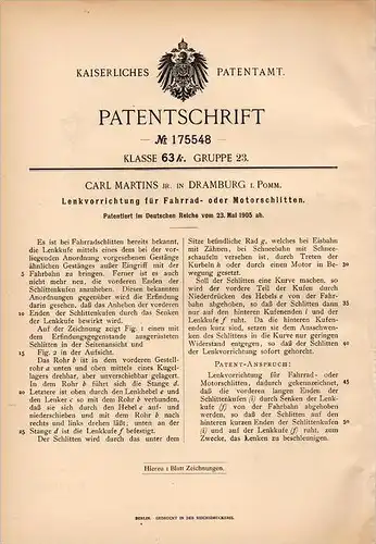 Original Patentschrift - C. Martins in Dramburg i. Pomm., 1905 , Lenkung für Motorschlitten , Drawsko Pomorskie !!!