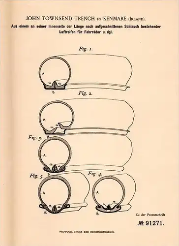 Original Patentschrift - J. Trench in Kenmare , Ireland , 1896 , pneumatic tires for bicycle !!!