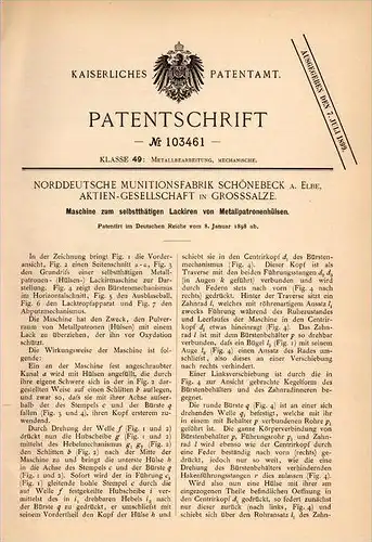 Original Patentschrift - Munitionsfabrik Schönebeck a. Elbe , 1898 , Lackierung von Patronen , Munition , Groß Salze !!!