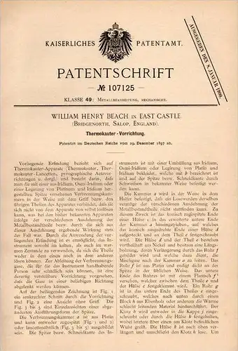 Original Patentschrift - W. Beach in East Castle , Bridgnorth , 1897 , Thermokauter - Apparat , Salop , England !!!