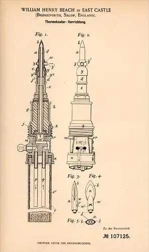 Original Patentschrift - W. Beach in East Castle , Bridgnorth , 1897 , Thermokauter - Apparat , Salop , England !!!