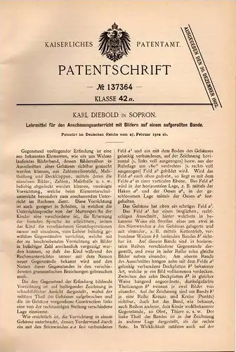 Original Patentschrift - K. Diebold in Sopron i. Ungarn , 1902 , Lehrmittel für Schule , Bilder , Ödenburg !!!