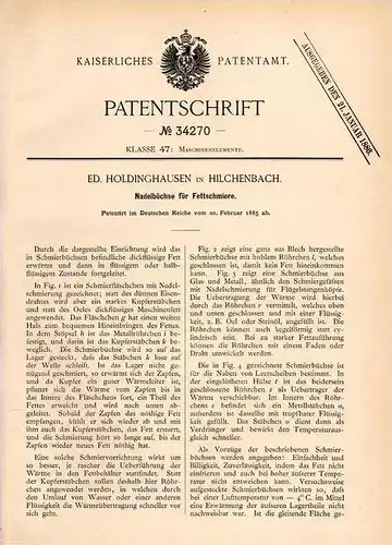 Original Patentschrift - E. Holdinghausen in Hilchenbach , 1885 , Nadelbüchse für Fettschmiere , Fett , Schmierung !!!