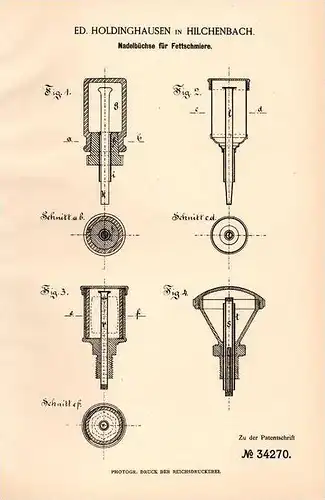 Original Patentschrift - E. Holdinghausen in Hilchenbach , 1885 , Nadelbüchse für Fettschmiere , Fett , Schmierung !!!