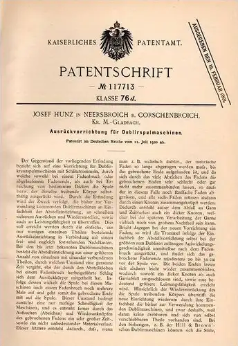 Original Patentschrift - J. Hunz in Neersbroich b. Korschenbroich , 1900 , Ausrücker für Spulmaschinen , Spulen !!!