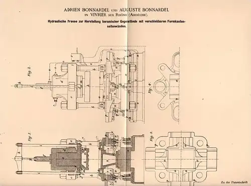 Original Patentschrift - A. Bonnardel in Viviers / Ardeche , 1899 , Presse hydraulique pour céramique !!!