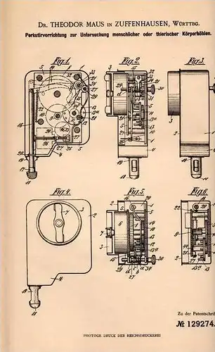 Original Patentschrift - Dr. Th. Maus in Zuffenhausen , 1901 , Apparat zur Untersuchung , Arzt , Stuttgart , Klinik !!!