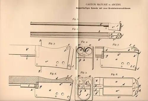 Original Patentschrift - G. Maturié in Angers , 1898 , carabine , fusil , arme !!!