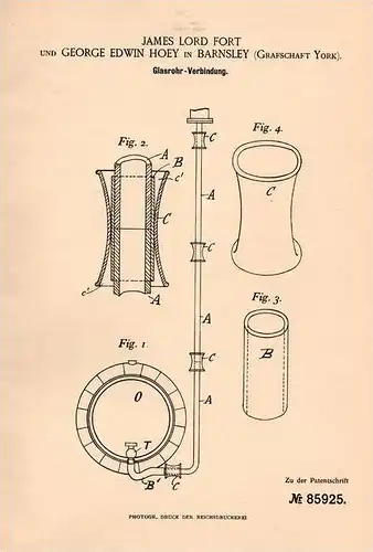 Original Patentschrift - J. Fort und G. Hoey in Barnsley , York , 1895 , glass tube for beer system , Pub !!!