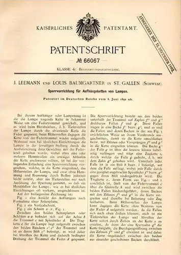Original Patentschrift - J. Leemann und L. Baumgartner in St. Gallen , 1892 , Sperre für Lampen , Lampe , Beleuchtung !!
