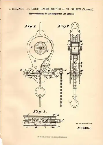 Original Patentschrift - J. Leemann und L. Baumgartner in St. Gallen , 1892 , Sperre für Lampen , Lampe , Beleuchtung !!