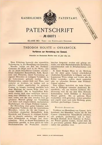 Original Patentschrift - Th. Holste in Osnabrück , 1891 , Cement - Herstellung , Zement , Portland , Bau , Maurer !!!