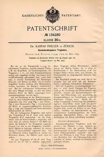 Original Patentschrift - Dr. K. Freuler in Zürich , 1901 , Tragbahre , Bahre , Krankenhaus , Arzt !!!