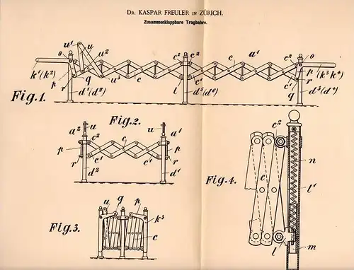 Original Patentschrift - Dr. K. Freuler in Zürich , 1901 , Tragbahre , Bahre , Krankenhaus , Arzt !!!