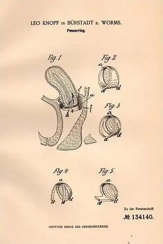 Original Patentschrift - Leo Knopf in Bürstadt b. Worms , 1901 , Pessarring, Frauenarzt , Arzt , Scheide , Geschlecht !!